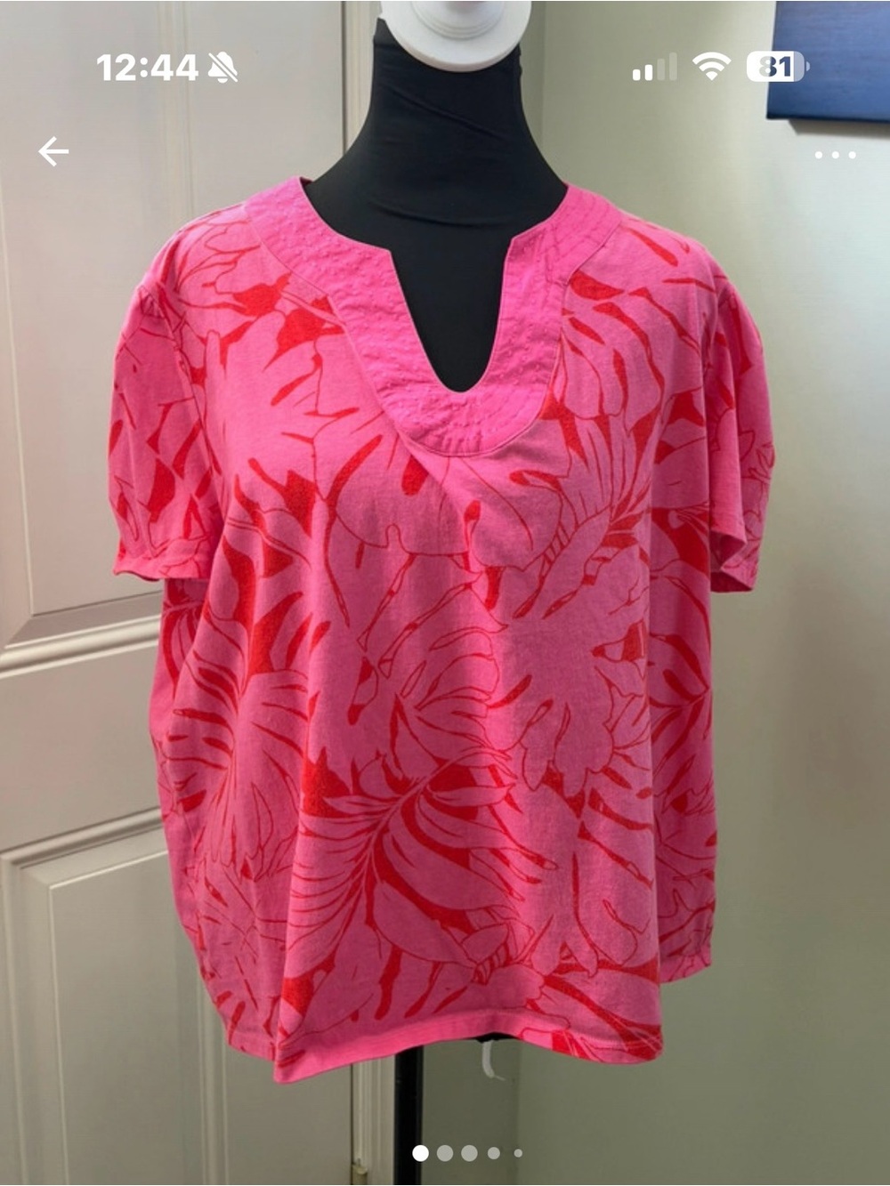 Rafaella Pink and Red Floral Notch-Neck Short Sleeve Top